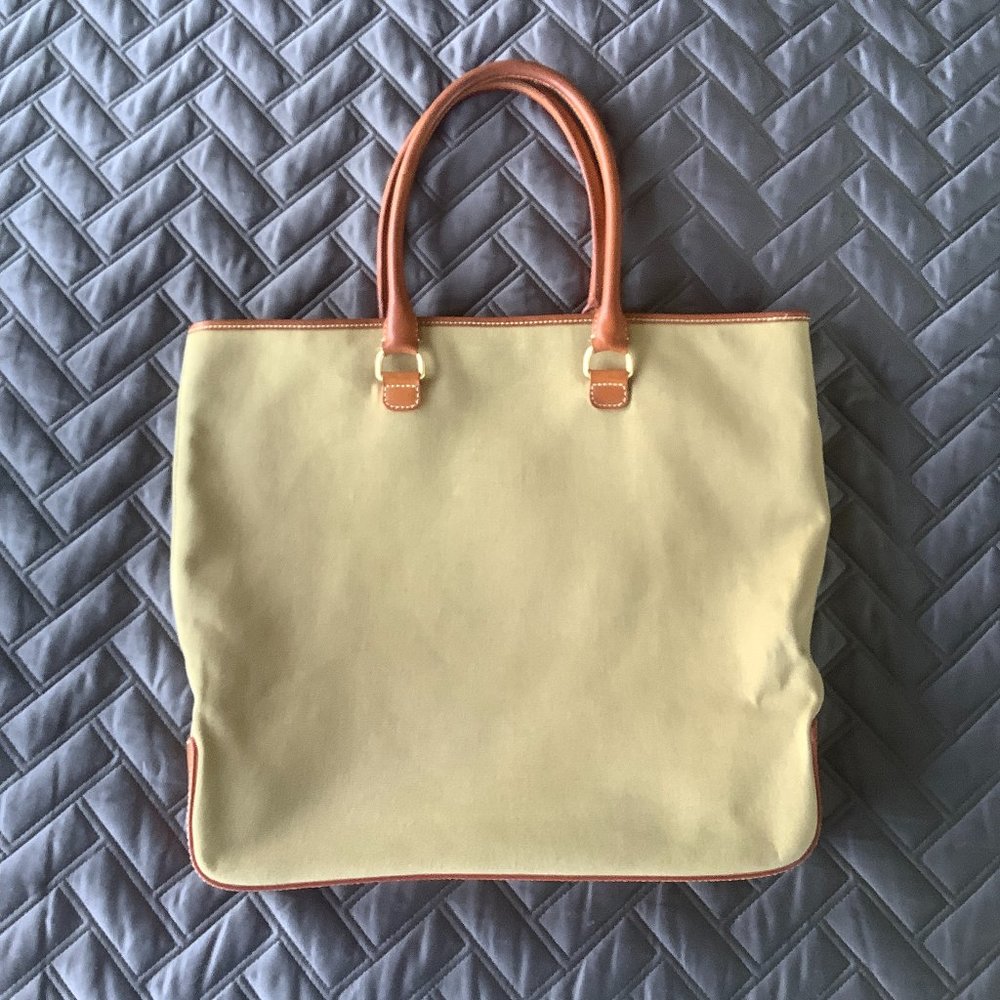 J Crew Tote Bag Canvas & Leather Khaki with Tan Leather